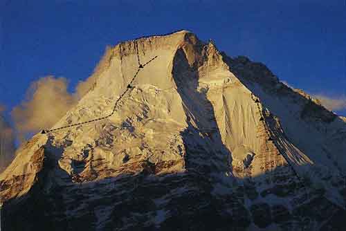
Menlungtse West Face showing routes from 1987 and 1988 - Chris Bonington Mountaineer book

